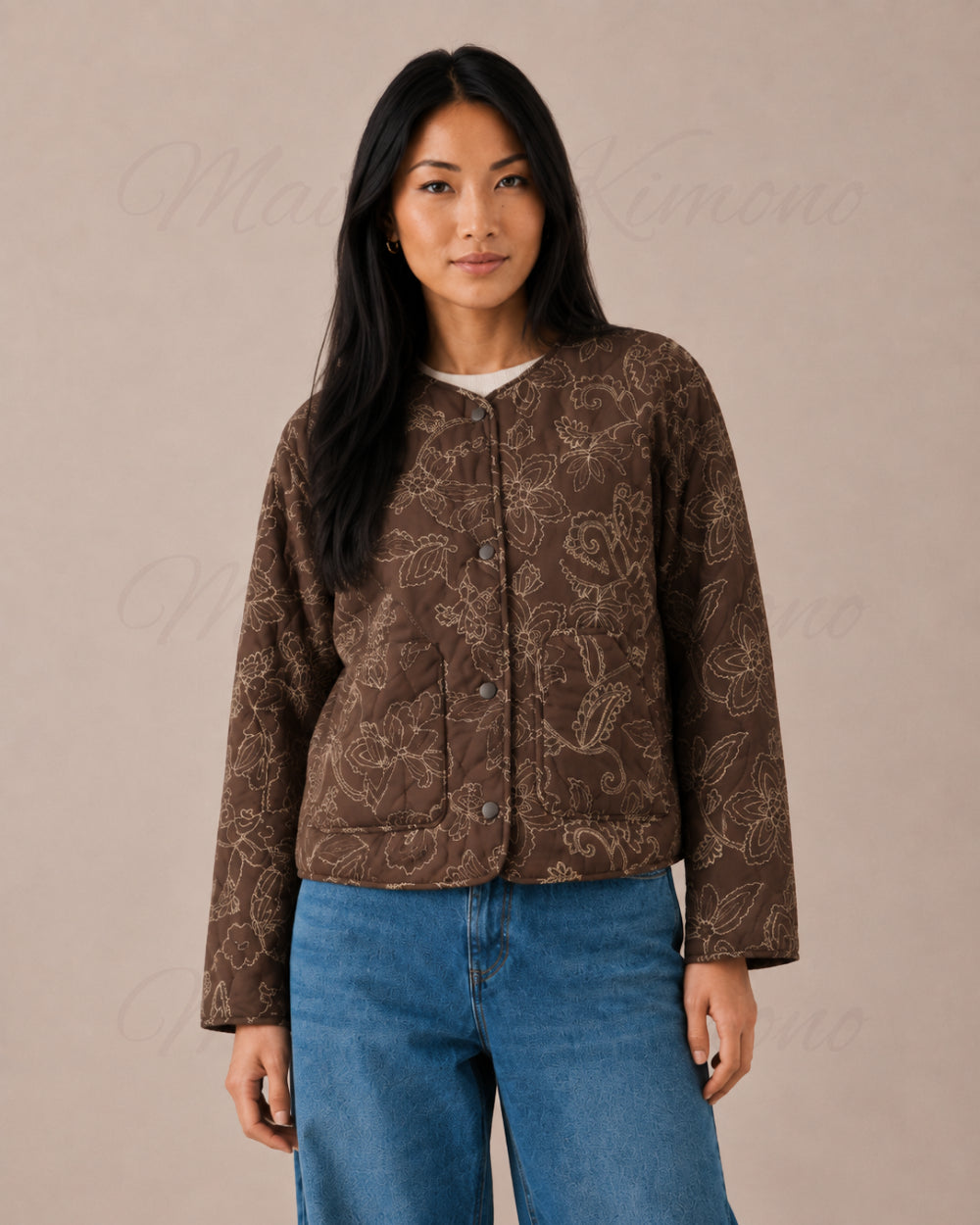 veste kimono matelassee femme coton marron fleuri