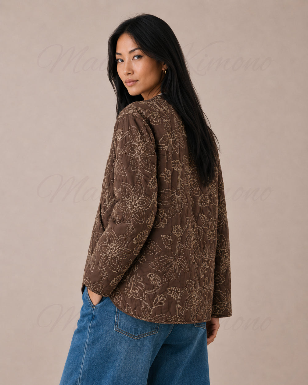 veste kimono matelassee femme coton marron fleuri