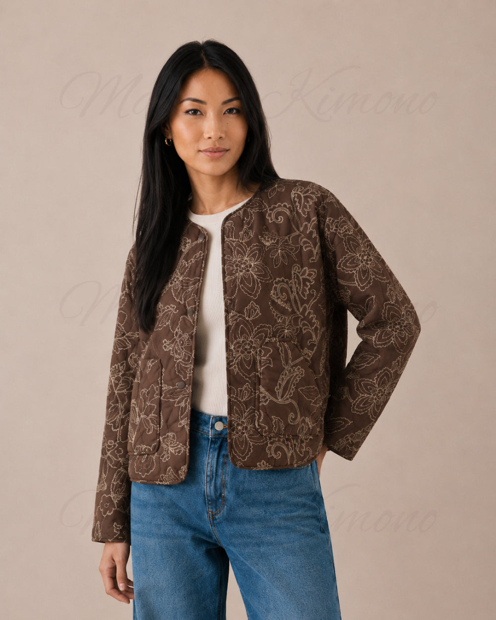 veste kimono matelassee femme coton marron fleuri