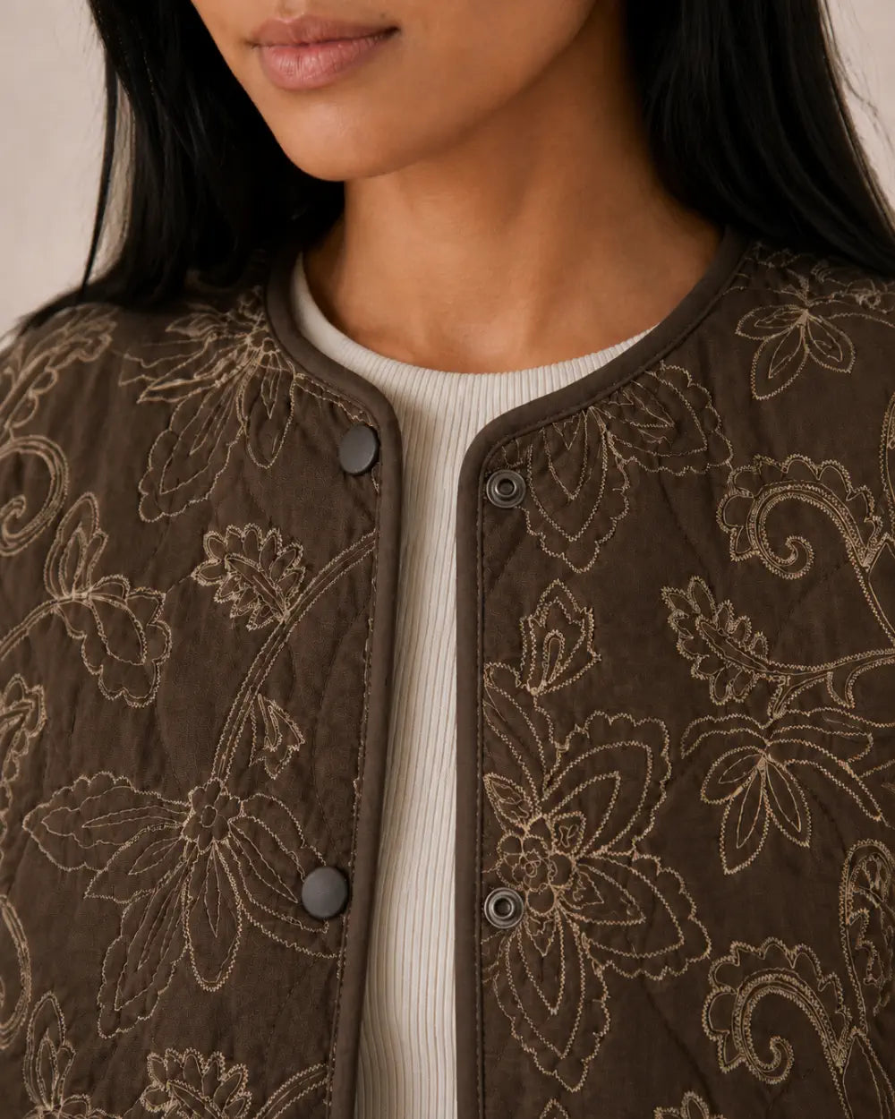 veste kimono matelassee femme coton marron fleuri