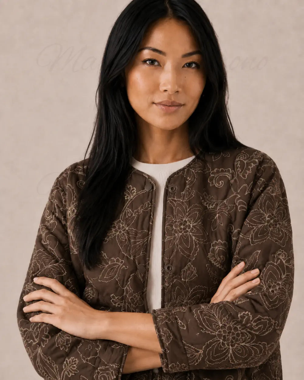 veste kimono matelassee femme coton marron fleuri