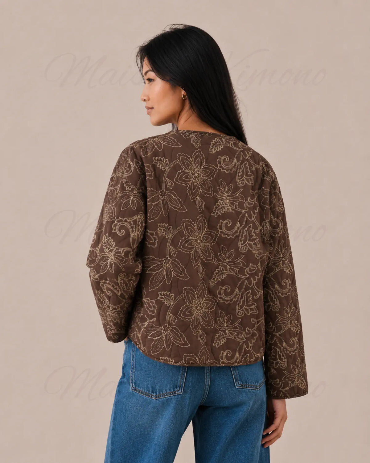 veste kimono matelassee femme coton marron fleuri