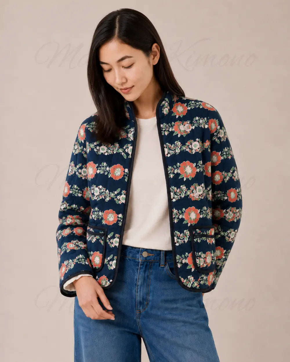 veste kimono matelassee femme coton rouge fleuri