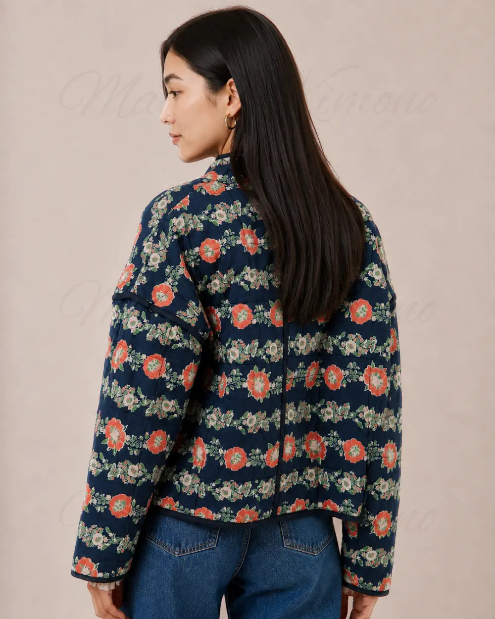 veste kimono matelassee femme coton rouge fleuri