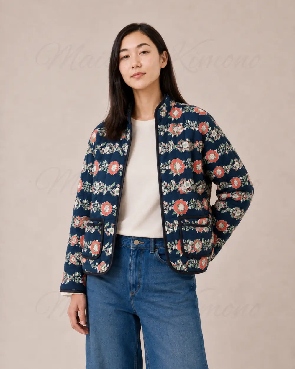 veste kimono matelassee femme coton rouge fleuri