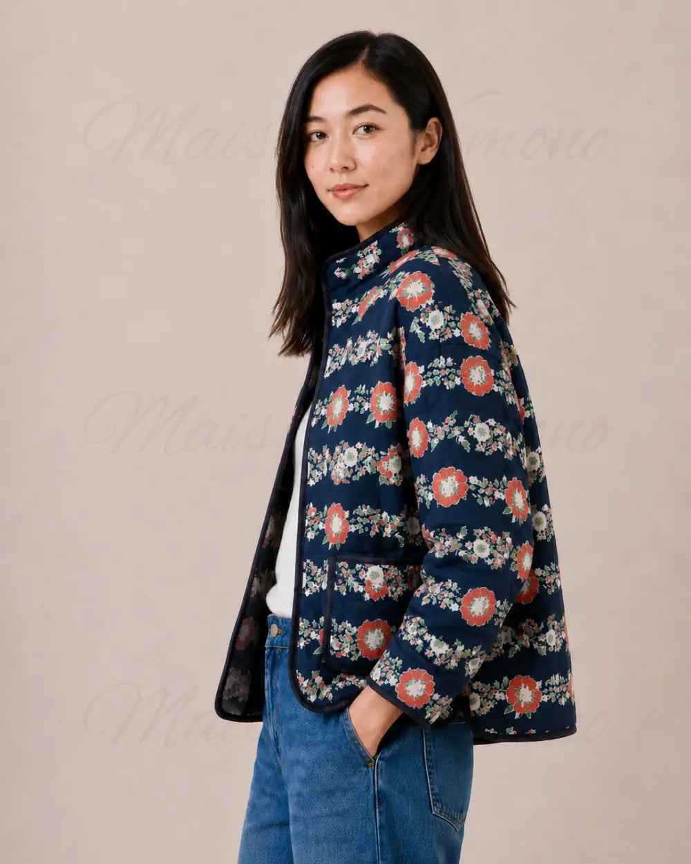 veste kimono matelassee femme coton rouge fleuri