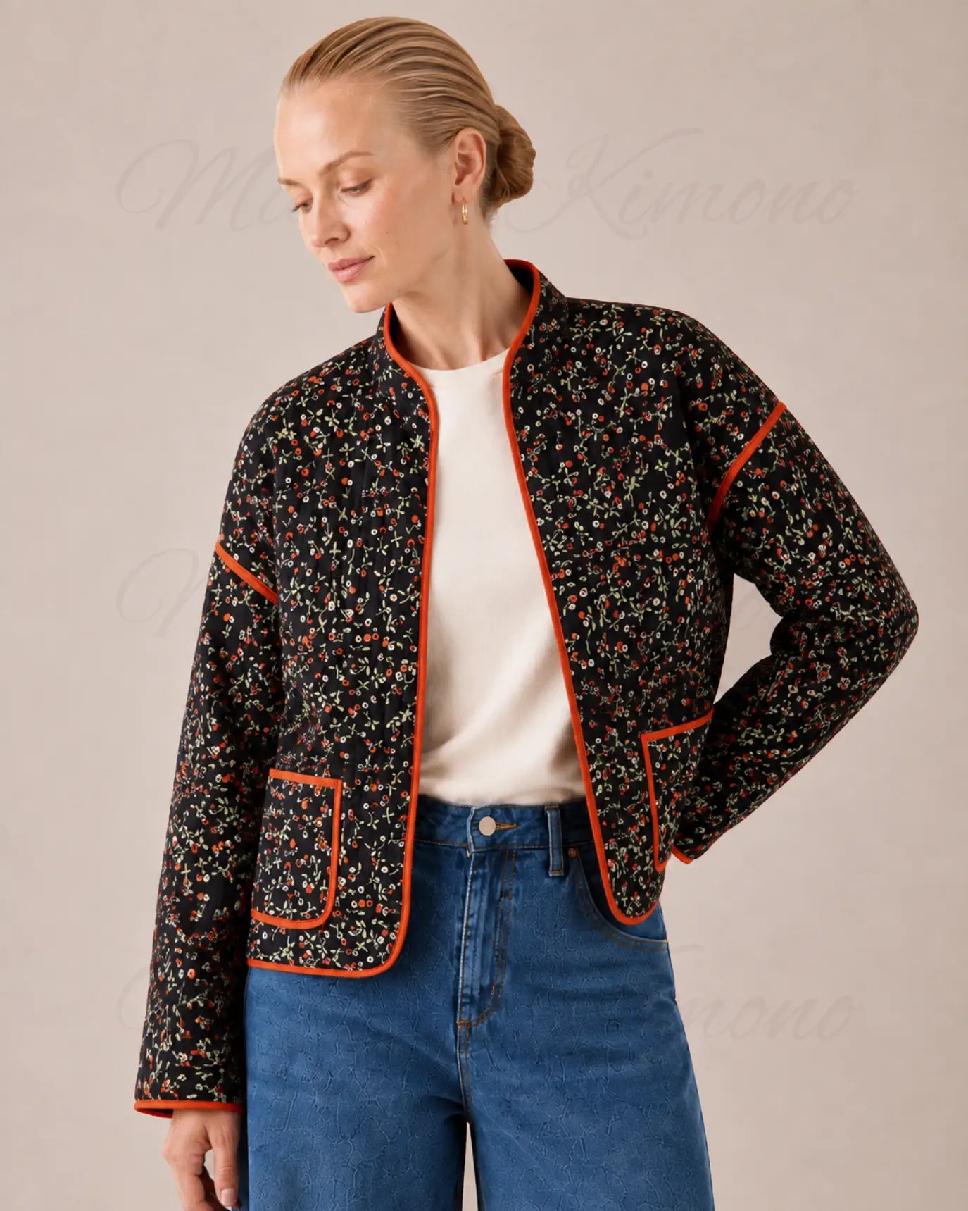 veste kimono matelassee femme noir fleuri