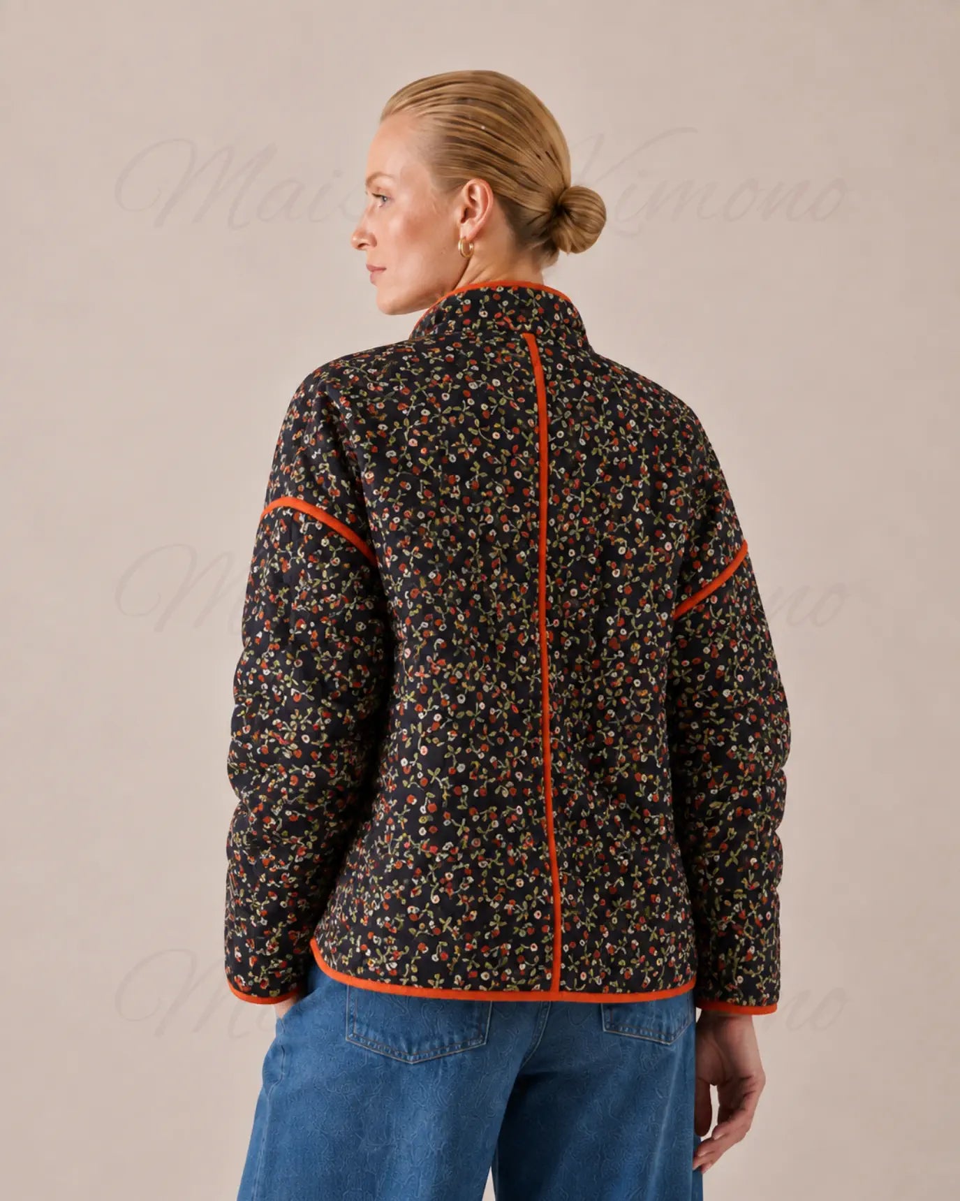 veste kimono matelassee femme noir fleuri