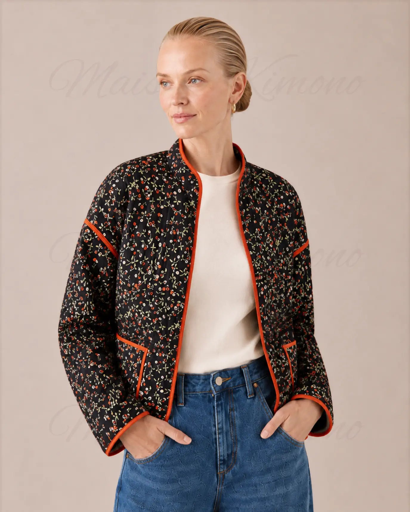 veste kimono matelassee femme noir fleuri