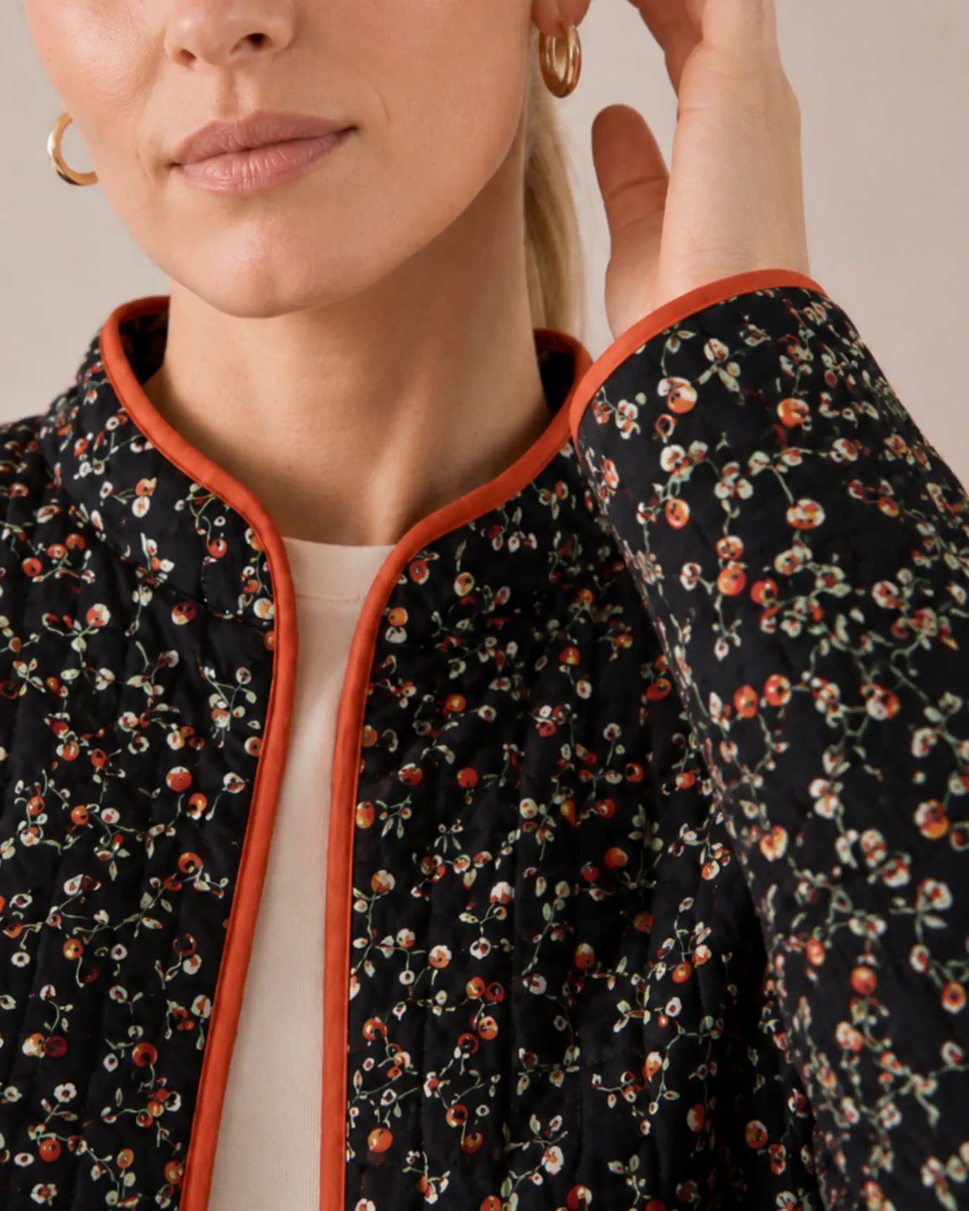 veste kimono matelassee femme noir fleuri