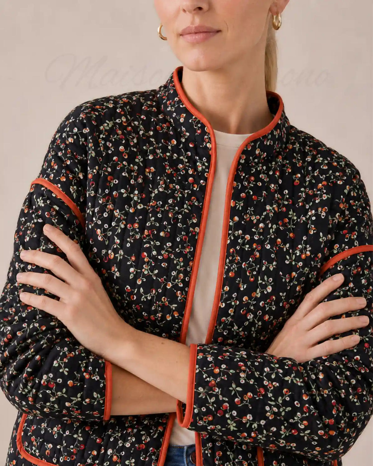 veste kimono matelassee femme noir fleuri