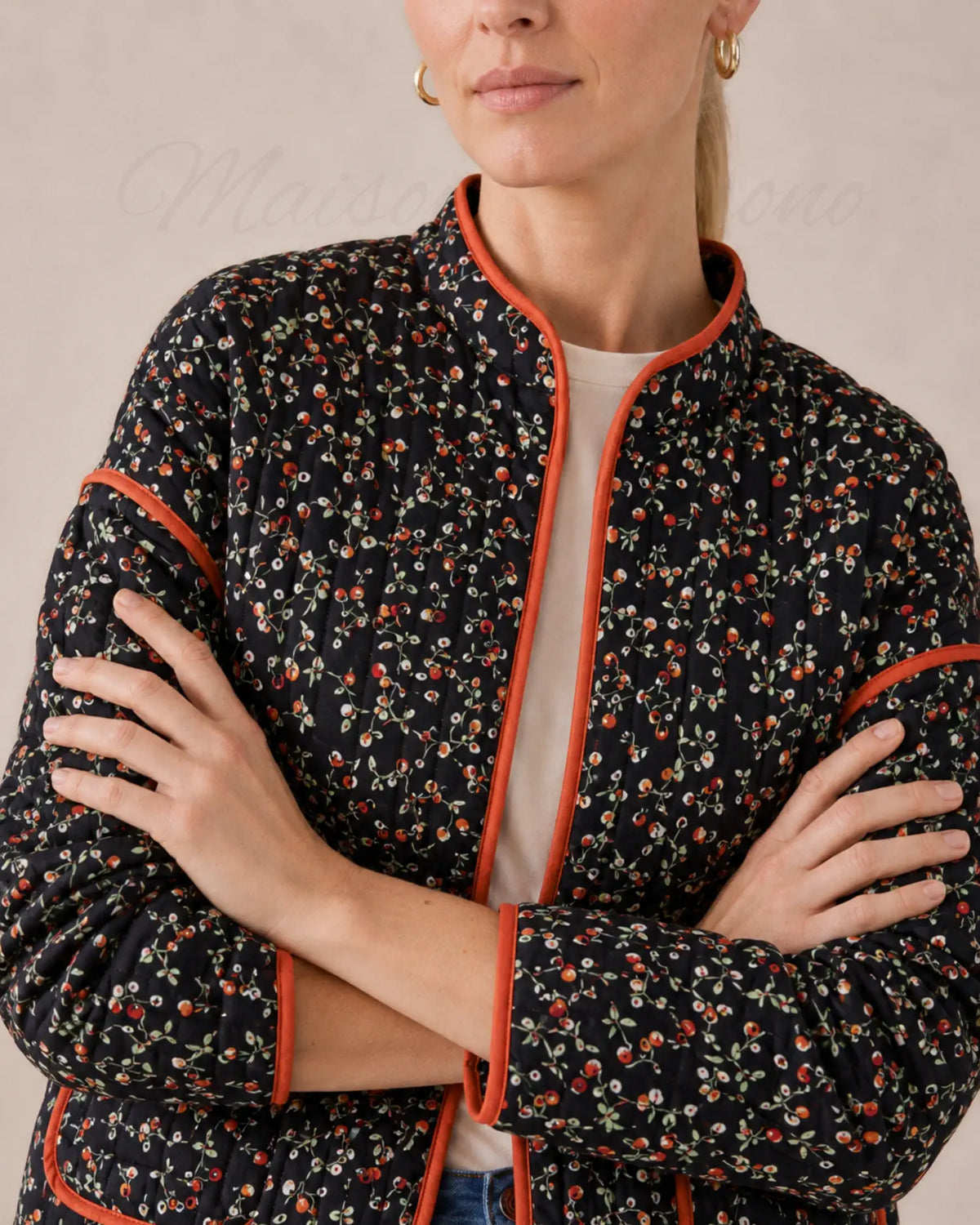 veste kimono matelassee femme noir fleuri
