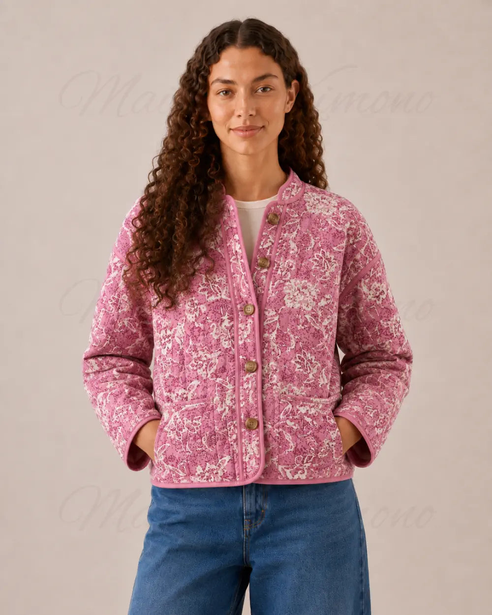 veste kimono matelassee femme rose fleurie
