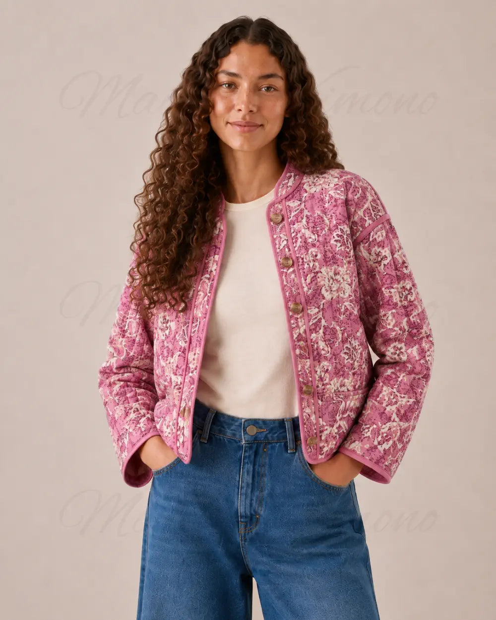 veste kimono matelassee femme rose fleurie