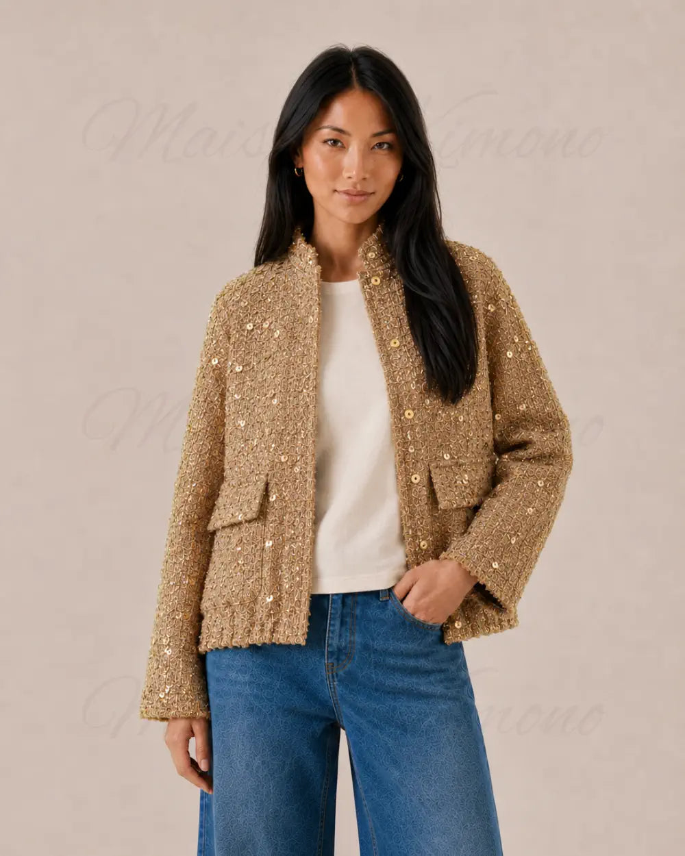 veste kimono soiree femme doree paillettes