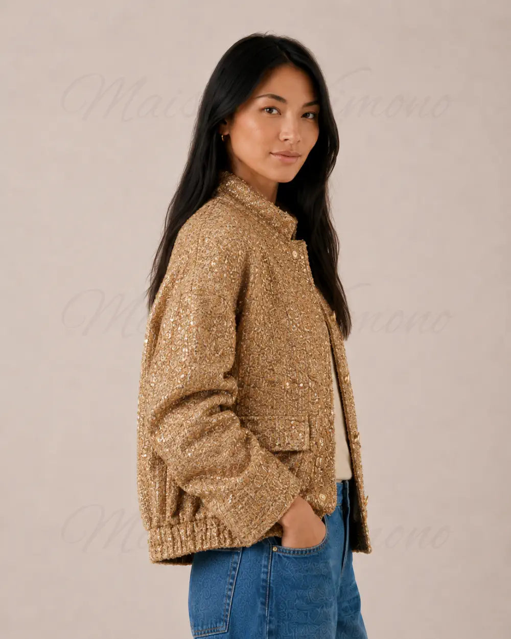 veste kimono soiree femme doree paillettes