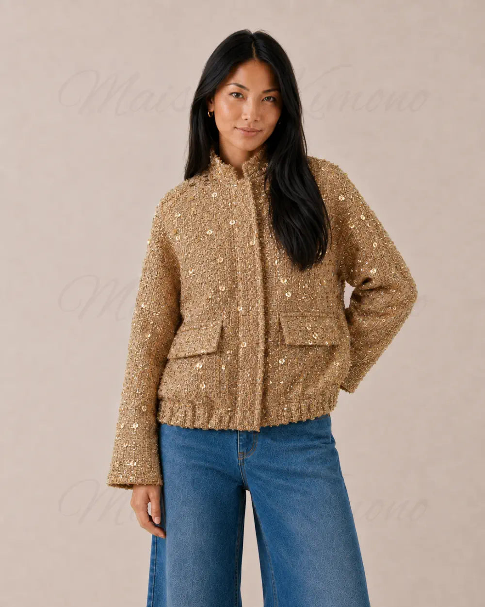 veste kimono soiree femme doree paillettes