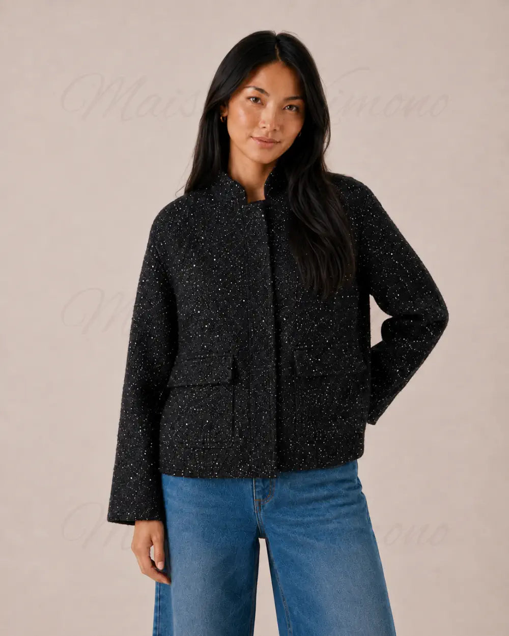 veste kimono soiree femme noir paillettes