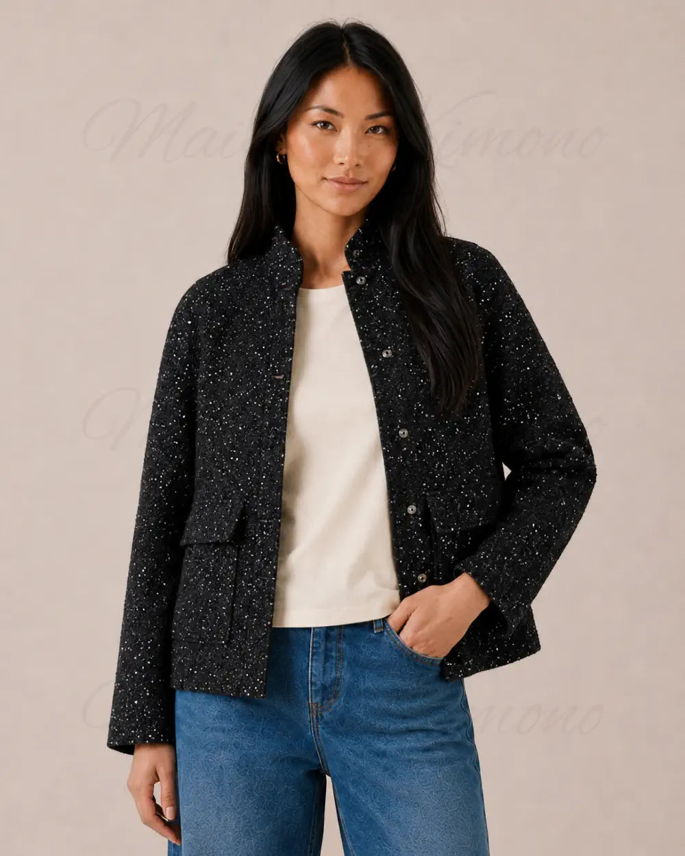 veste kimono soiree femme noir paillettes