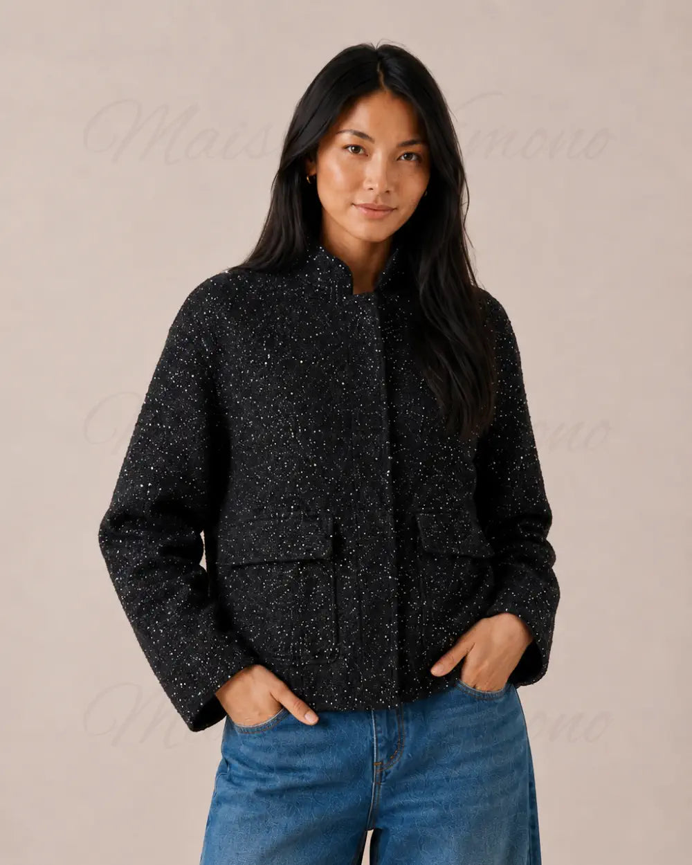 veste kimono soiree femme noir paillettes